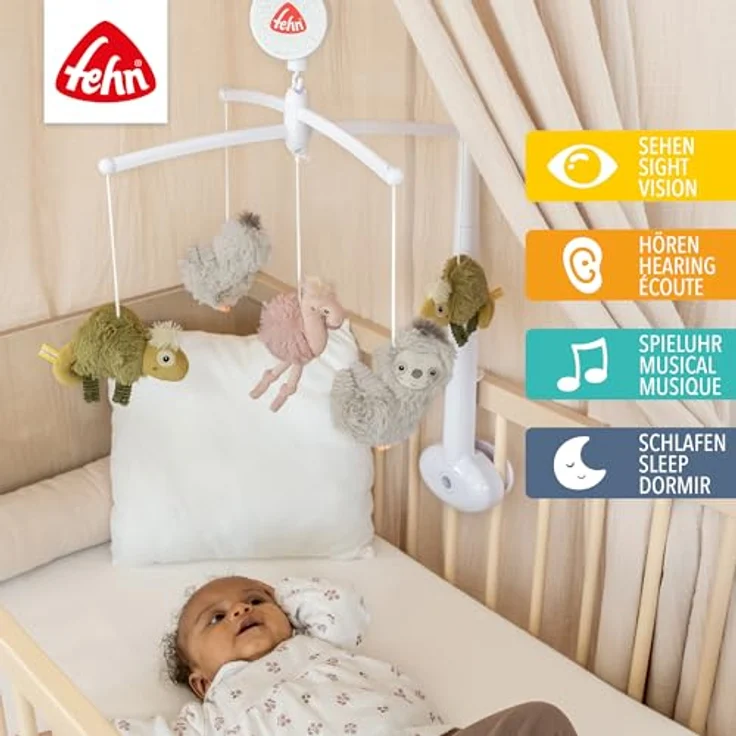 Fehn Musik-Mobile Lazy, Crazy & Pink – Einschlafhilfe mit Spieluhr Melodie „Brahms Wiegenlied“ für Babys von 0-5 Monaten, Höhe 65 cm, ø 40 cm, maschinenwaschbar – Bild 2