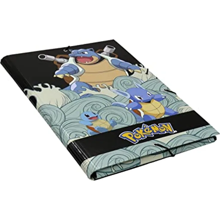 CYPBRANDS Pokémon Klappenmappe Squirtle, Schwarz, 3 Klappen, aus 2 mm dickem Karton, Gummibandverschluss, 35,5 x 25 cm