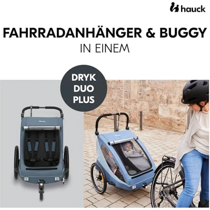 Hauck Dryk Duo Plus, Fahrradanhänger & Buggy mit Hinterradfederung und Gummireifen, blau – Bild 2