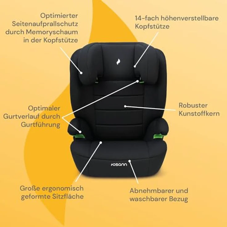 Osann Kindersitz Musca i-Size (ab 3 Jahre - 12 Jahre, 100 cm - 150 cm) - Black, 14-fach höhenverstellbare Kopfstütze und Memoryschaum im Seitenaufprallschutz – Bild 2