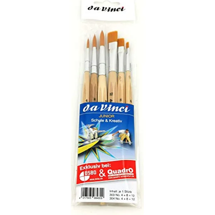 da Vinci junior Pinsel-Set 6-teilig, Künstlerpinsel für Acryl-, Öl-, Aquarell- und Wasserfarben, 3 runde und 3 flache Pinsel in Größen 4, 8, 12, braun