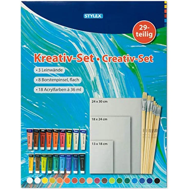 Stylex 28590 - Großes Kreativ-Set, 29 teilig mit 3 Keilrahmen, 8 flachen Borstenpinseln und 18 Acrylfarben mit je 36 ml, umfangreiches Komplettset für einen gelungenen Einstieg in die Acrylmalerei
