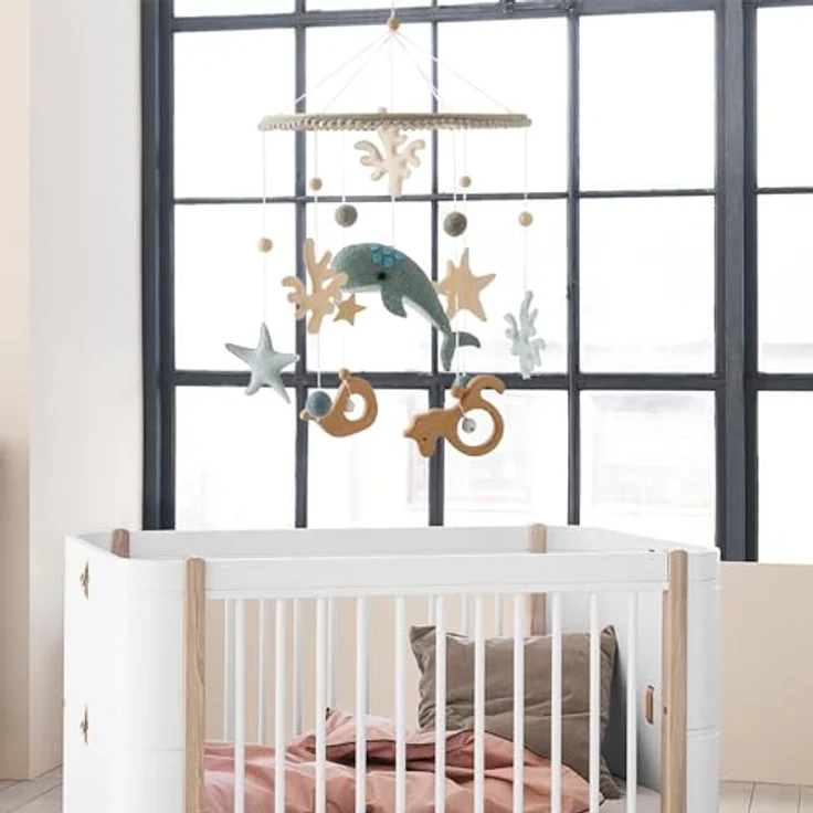 Herfair 3D Delphine Mobile Baby Windspiel aus Holz mit Filzbällen, handgemacht, blau, für Babybett Jungen und Mädchen – Bild 5