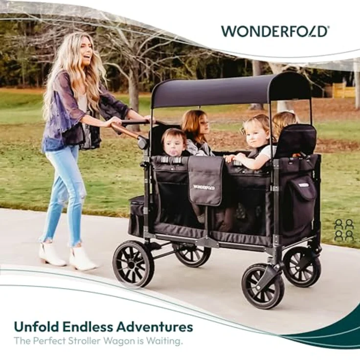WONDERFOLD W4S 2.0 Multifunktions-Kinderwagen für 4 Passagiere, veganem Leder überzogen (schwarz) – Bild 2