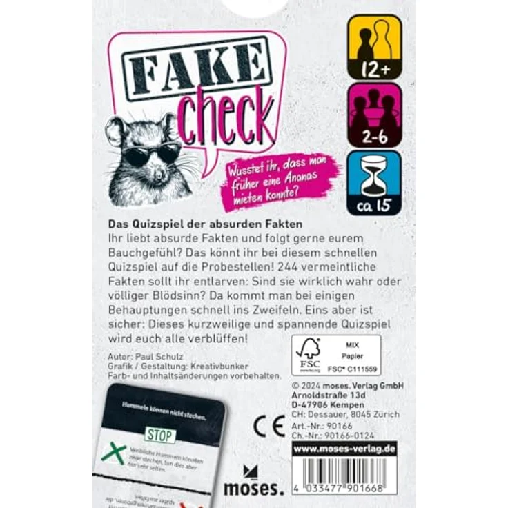 moses. Fake Check, schnelles Fakten Quiz für gesellige Spieleabende, Wahr- oder Falsch-Spiel für Fake-Checker, Quizspaß mit 244 Fakten, Kartenspiel ab 12 Jahren, Schwarz – Bild 2