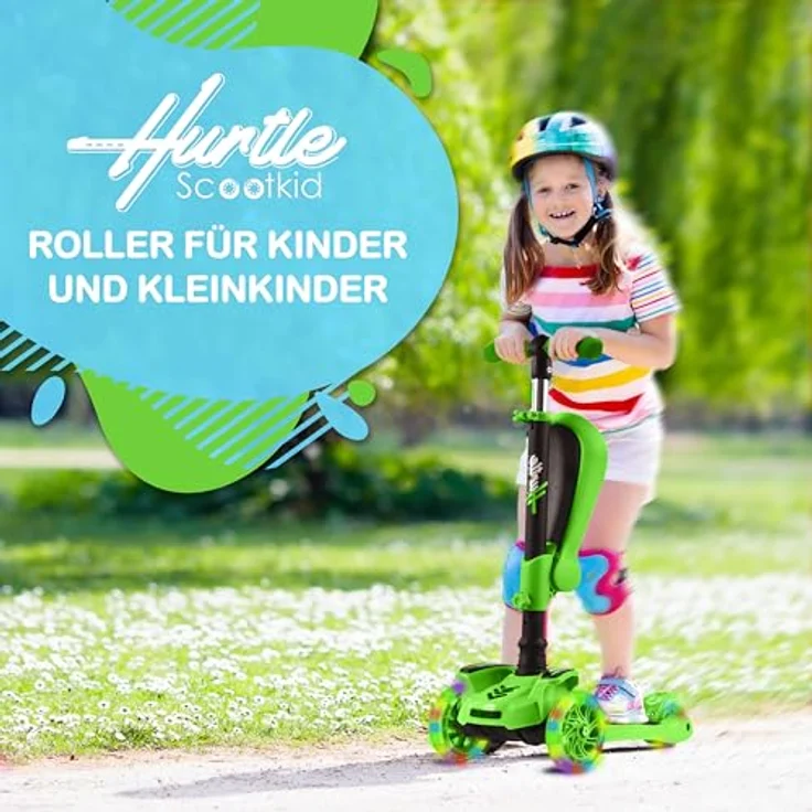 Hurtle Kinderscooter ScootKid, 3-Rad Roller mit Klapp- & Abnehmbarem Sitz, großen Rädern, LED-Lichtern und verstellbarem Lenker für Kinder bis 60kg – Bild 4