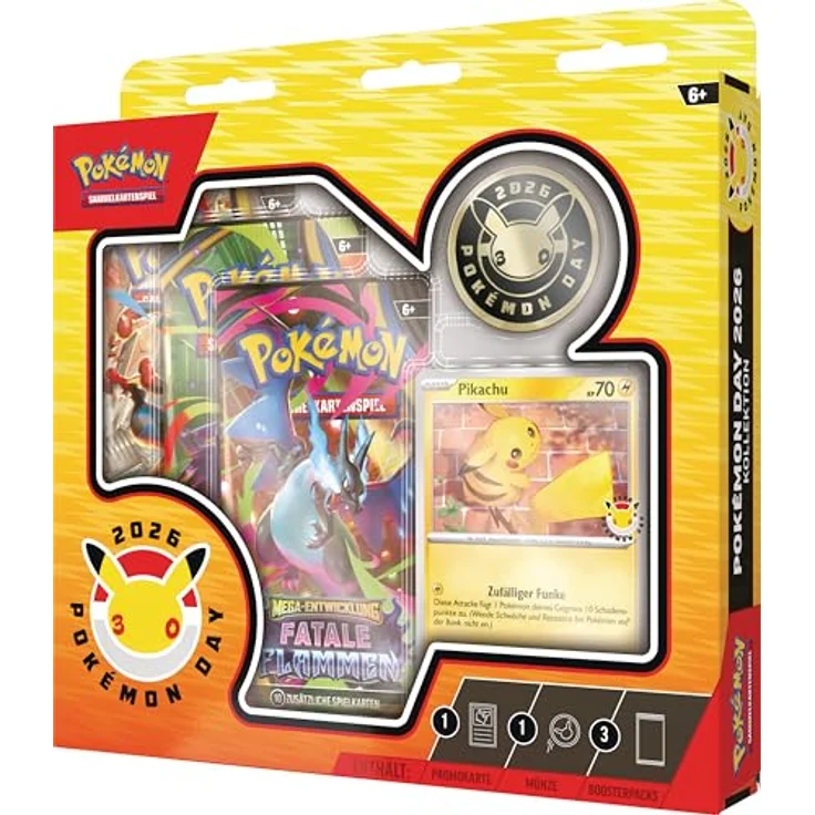 Pokémon Pokémon-Sammelkartenspiel: Kollektion Pokémon Day 2026 mit holografischer Pikachu-Promokarte, 30. Jahrestags-Münze und 3 Boosterpacks – Bild 3