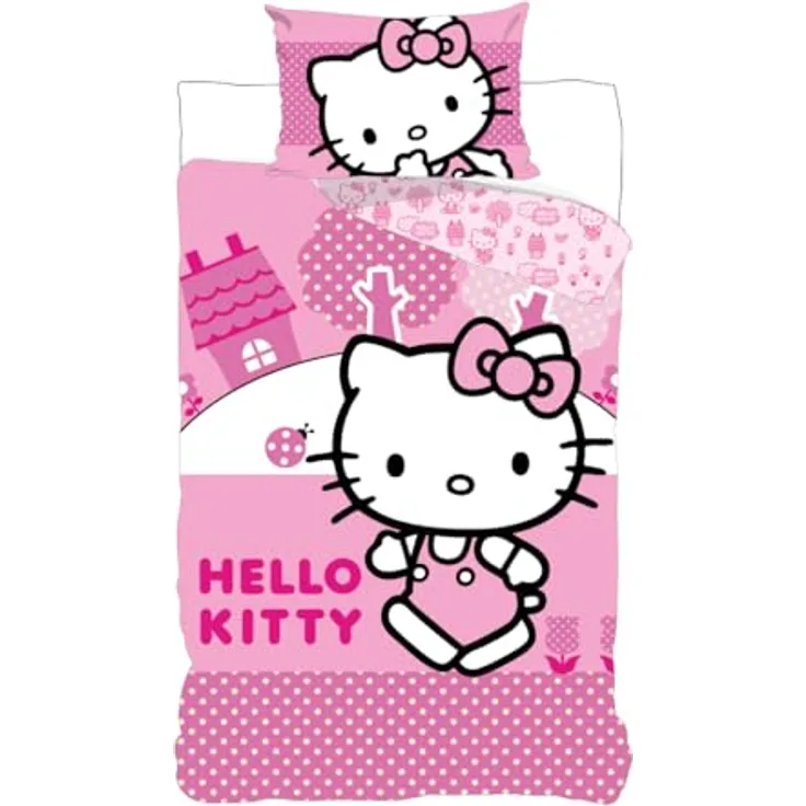 BrandMac Hello Kitty Rosa Wende Bettwäsche Set, 100% Baumwolle, Bettbezug 135 x 200 cm, Kopfkissenbezug 80 x 80 cm, mit Reißverschluss, Öko-Tex Standard 100, mehrfarbig