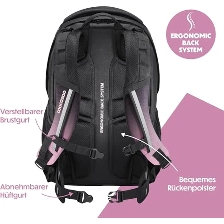 Coocazoo Schulrucksack EVERY „Rose Shadows“, ergonomischer Tornister höhenverstellbar, schwarz-rosa, mit Brustgurt & Hüftgurt, 30 Liter, ab der 3. Klasse – Bild 4