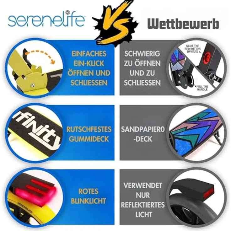 Hurtle SereneLife Roller, klappbarer Tretroller für Kinder & Erwachsene, höhenverstellbar, Big Wheel Scooter bis 120 kg, schwarze Variante – Bild 3