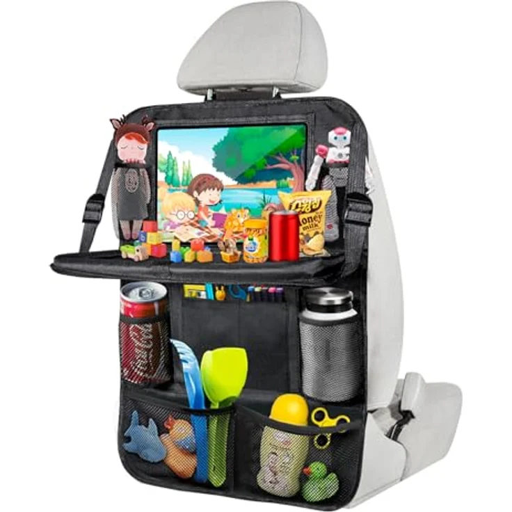 BillyBath Rückenlehnenschutz Auto Kinder, 10 Zoll Tablet-Tasche, wasserdicht, 600D Oxford Stoff, mit Klapptisch und 10 Aufbewahrungsfächern, 62 x 42 cm – Bild 1