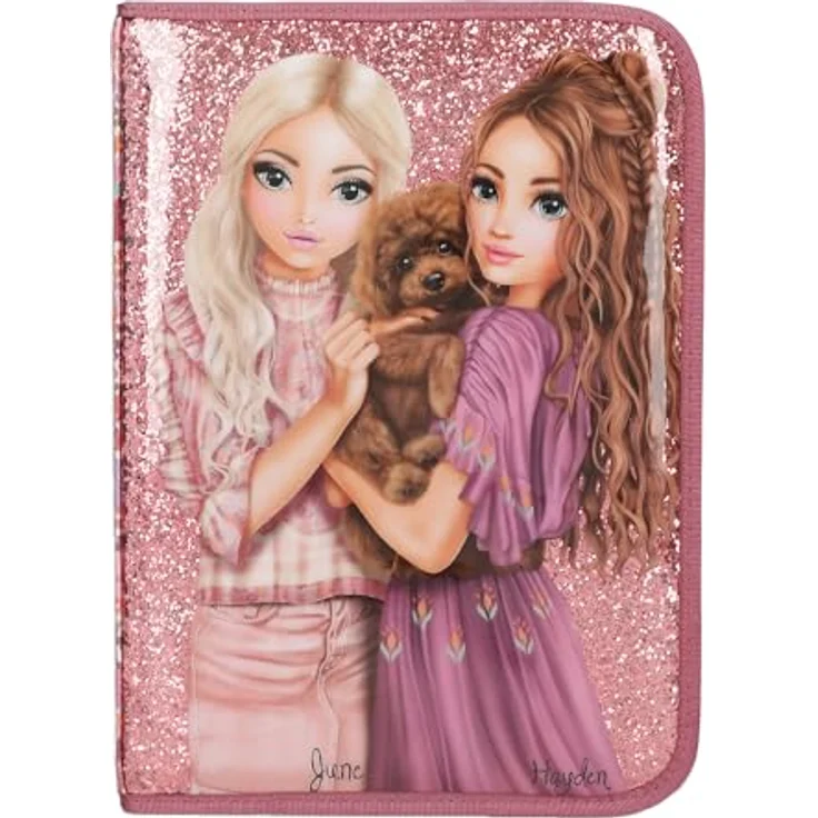 Depesche TOPModel Große Federtasche FLORAL inkl. Stifte, Beerefarben mit Model- und Hunde Motiv, Blumenmuster, rosa Glitzer, gefüllt mit 18 Bunt- und Filzstiften, 2 Bleistiften, Radierer, Anspitzer, Lineal, Schere und Klebestift – Bild 1
