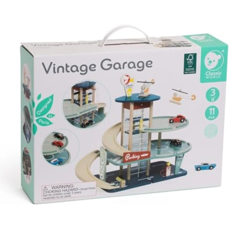 Classic World Parkhaus Vintage, Spiel-Parkhaus mit Heli und 3 Autos, 55x30x46,8cm, Holz und Bioplastik, ab 3 Jahre – Bild 9