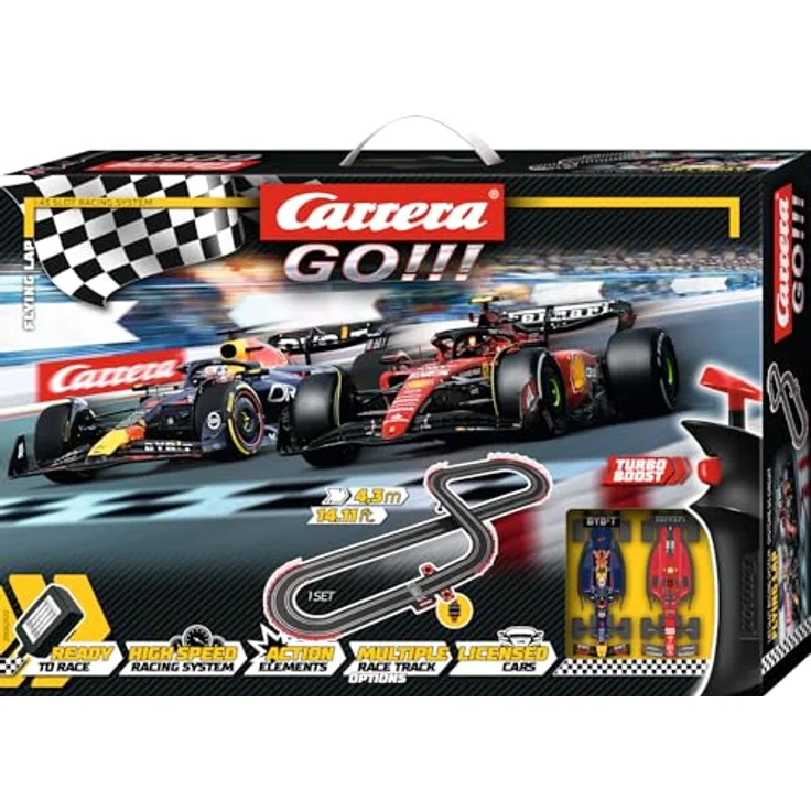 Carrera GO!!! Flying Lap Rennbahn-Set, 4,3 Meter lange Strecke mit lizensierten Slotcars (Ferrari SF-23 & Red Bull RB19), für bis zu 2 Spieler, Altersgruppe 6+ – Bild 1