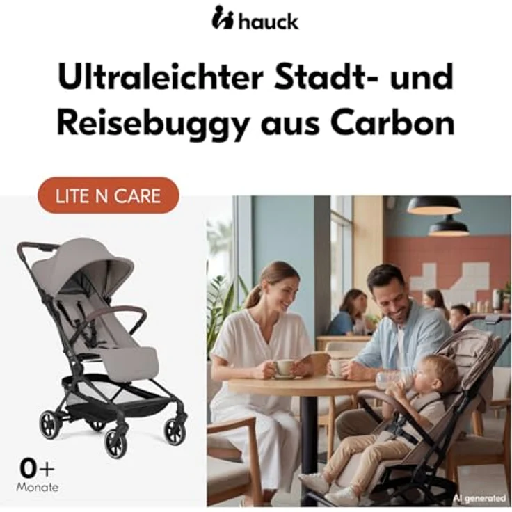 hauck Lite N Care, Ultraleichter Carbon City- & Reisebuggy, IATA-konform, klein faltbar, Liegefunktion, UPF 50+, XL Netzfenster, Pannensicher - Sandy Taupe – Bild 2