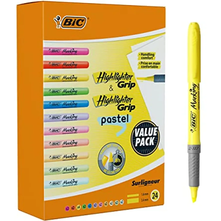 BIC Highlighter, Textmarker, 24er Pack, in verschiedenen Farben inkl. Pastell, mit Keilspitze, Strichstärke: 1.6 bis 3.4 mm, mit Austrocknungsschutz