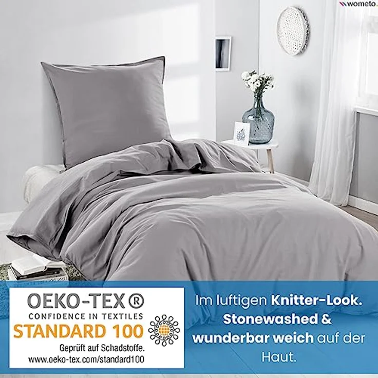 wometo Bettwäsche Renforce Stone-Washed 155x220 & 80x80 100% Baumwolle - grau OekoTex weich modern Used-Look Leinen-Optik – Bild 3
