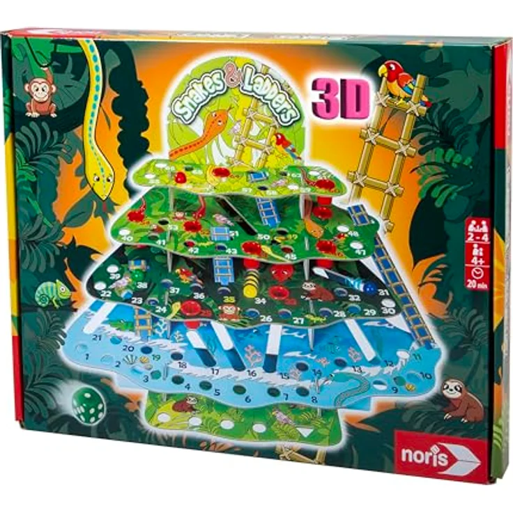 noris Snakes & Ladders Jungle, 3D-Leiterspiel mit 4 Ebenen, Würfel- und Murmelspiel für 2-4 Spieler ab 4 Jahren – Bild 1