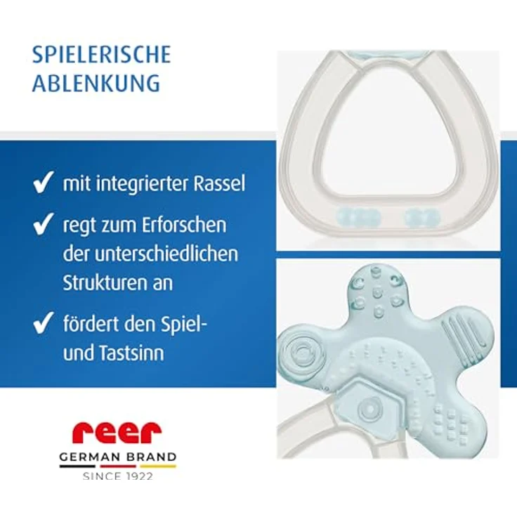 Reer Bite&Cool Kühlbeißring, drucklinderndes Zahngel für Babys ab 3 Monaten, transparent & blau – Bild 5