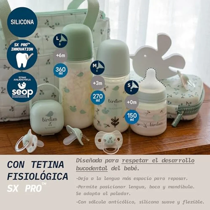 Suavinex Babyflasche 270 ml mit SX Pro Silikon-Sauger, Antikolik-Funktion, mittlerer Fluss (M), Design Birdies Grün, für Babys ab 3 Monaten – Bild 4