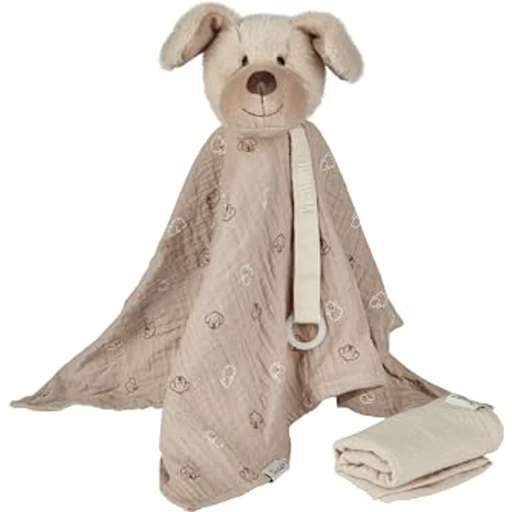 Sterntaler® Schmusetuch Träumli-Set Hund Lucky, Musselin Kuscheltuch mit Befestigungsband und passendem Windeltuch, grau mit allover Print – Bild 1
