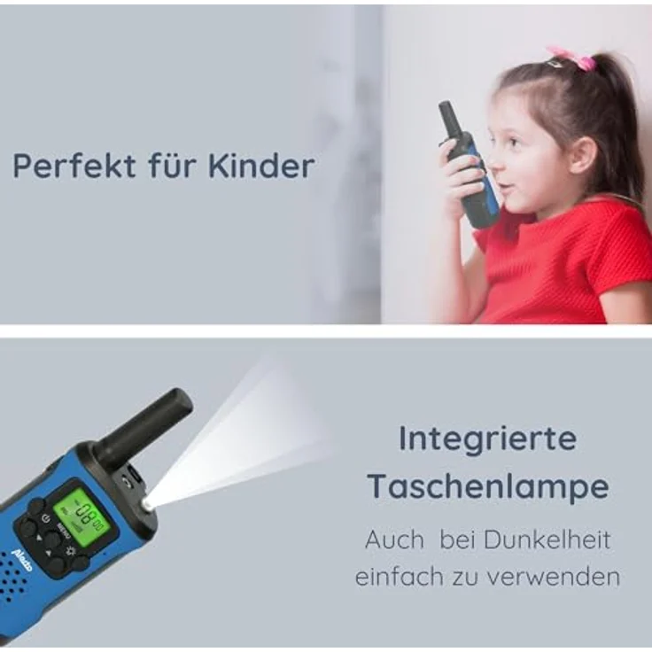 Alecto FR-115 Set von Zwei Walkie Talkies für Kinder - Walki Talki mit Reichweite bis zu 7 Kilometer - 8 Kanäle - Integrierte Taschenlampe - Beleuchtetes Display - Blau/Schwarz – Bild 3