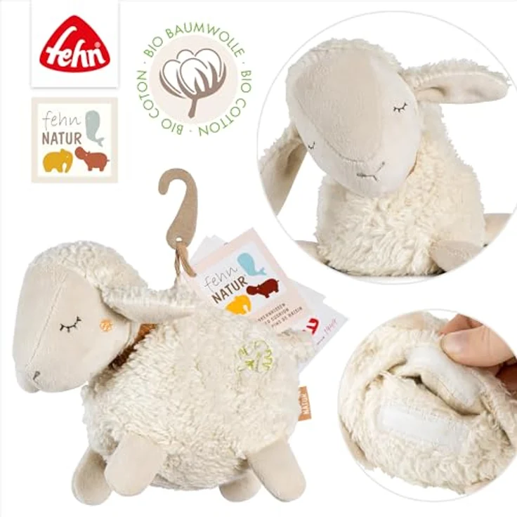 Fehn Wärmetier Schaf NATUR – Kuscheltier mit Bio-Baumwolle (kbA) und entnehmbarem Wärme- / Kältesäckchen - für Babys und Kleinkinder, waschbar bei 30°C, 17 cm – Bild 5