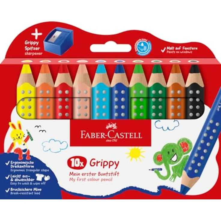 Faber-Castell Buntstift Grippy 10er Set mit Spitzer, ergonomische Dreikantform, bruchfeste XXL Jumbo Mine, dermatologisch getestet, FSC Holz