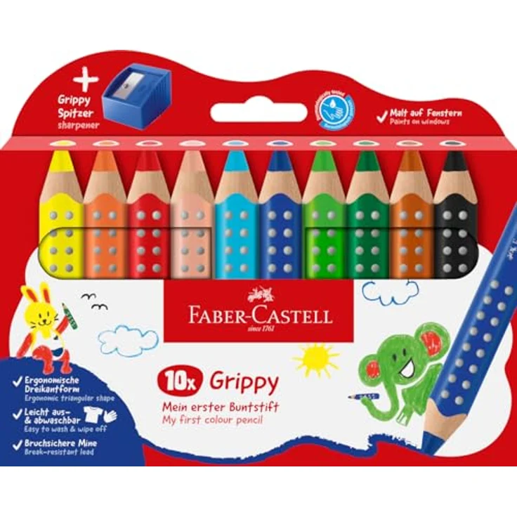 Faber-Castell Buntstift Grippy 10er Set mit Spitzer, ergonomische Dreikantform, bruchfeste XXL Jumbo Mine, dermatologisch getestet, FSC Holz – Bild 1