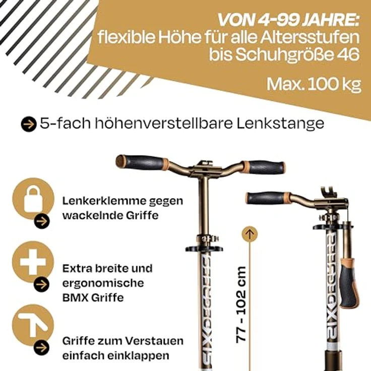 SIX DEGREES Cityroller Aluminium, Klappmechanismus, Höhenverstellbarer Lenker, 205 mm Rollen, max. Benutzergewicht 100 kg, inkl. Tragegurt – Bild 5
