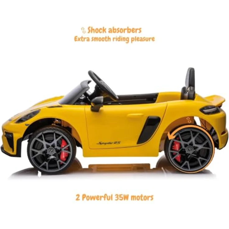 Vrooomy Porsche 718 Spyder RS, Kinder Elektroauto 12V mit Fernbedienung, für 1 bis 5 Jahre, Gelb, MP3-Player, Sicherheitsgurt, LED-Beleuchtung – Bild 6