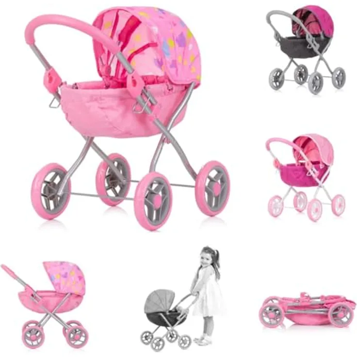 Chipolino Puppenwagen Daisy klappbar, Sonnendach, Vier große Räder, ab 3 Jahren, rosa