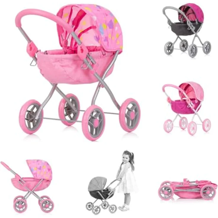 Chipolino Puppenwagen Daisy klappbar, Sonnendach, Vier große Räder, ab 3 Jahren, rosa – Bild 1