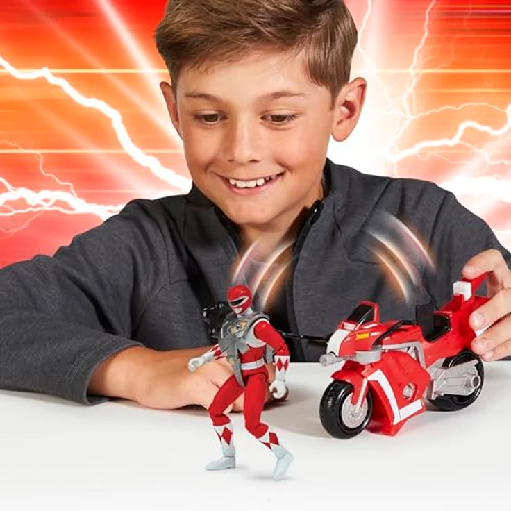 Merkloos Battle Bike mit Red Ranger Actionfigur, offiziell lizenziertes Playmates Spielzeugmotorrad für kreatives Rollenspiel, 18 cm – Bild 2