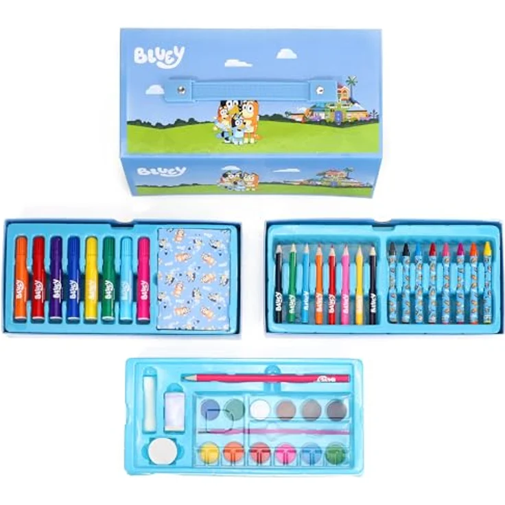 Bluey Farbkasten Mal- & Schreibwaren Set, Farbenfrohes Pastellfarben Koffer mit Buntstiften, Filzstiften und Wasserfarben – Bild 3