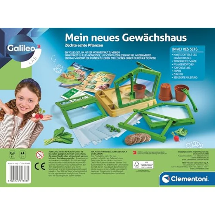 CLEMENTONI Mein neues Gewächshaus Experimentierkasten, transparentes Gewächshaus mit verstellbarem Dach, inkl. Saatgut und Gartengeräte, mehrfarbig, für Kinder ab 7 Jahren – Bild 2