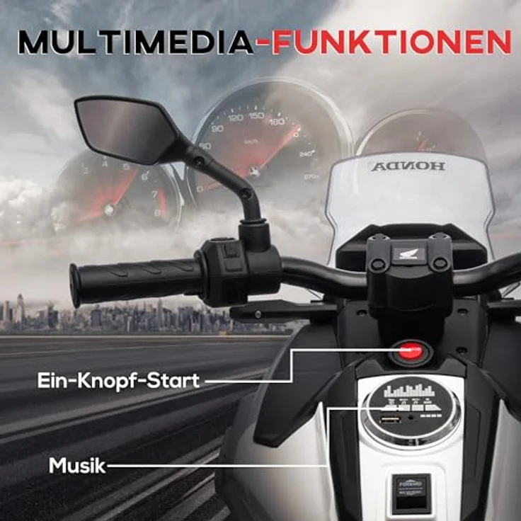 AIYAPLAY Elektro-Kindermotorrad 12V mit MP3, USB, LED-Scheinwerfer, 30 kg Belastbarkeit, für 3-6 Jahre, Weiß – Bild 4