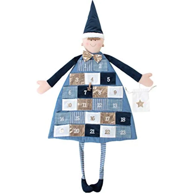 Rayher Adventskalender zum Befüllen, Stoff, royalblau, 118 x 53 cm, mit 24 Patchwork-Täschchen und Aufhänger, für Kinder und Jungen, genäht aus verschiedenen Stoffarten in Weiß und Blautönen