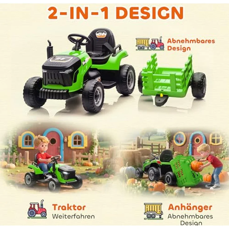 AIYAPLAY Elektrischer Kindertraktor mit Anhänger, Aufsitztraktor mit Fernbedienung, 2 Motoren, 3-Gang, für 3-8 Jahre, Grün – Bild 4