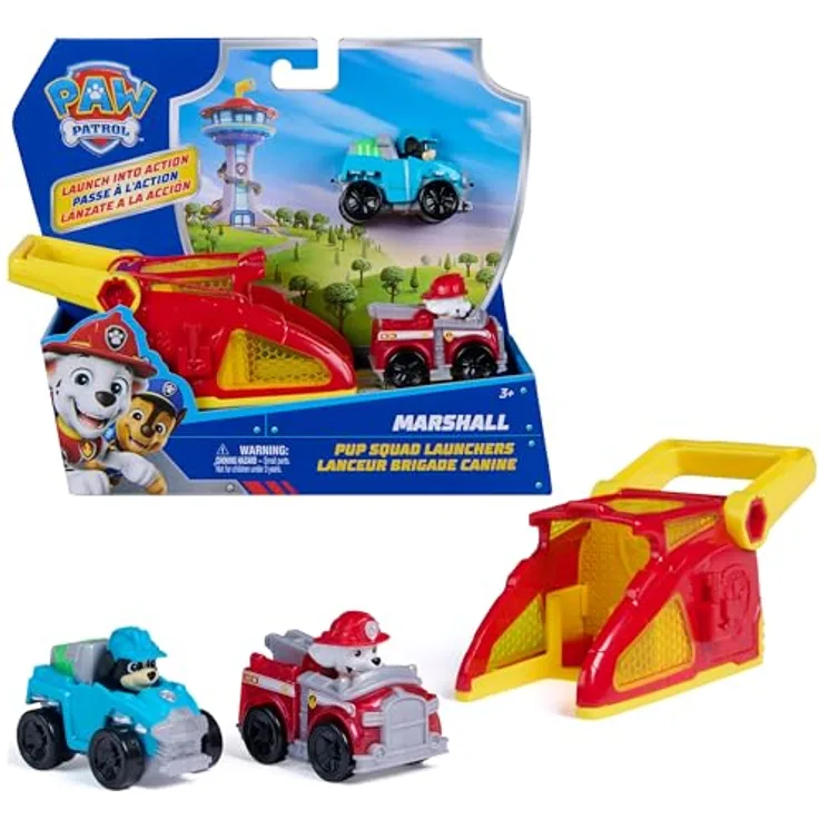 Nobrand Paw Patrol Pup Squad Launchers Marshall, 2er Pack Spielzeugautos mit Launcher und mini Fahrzeugen, ideal für Kinderhände