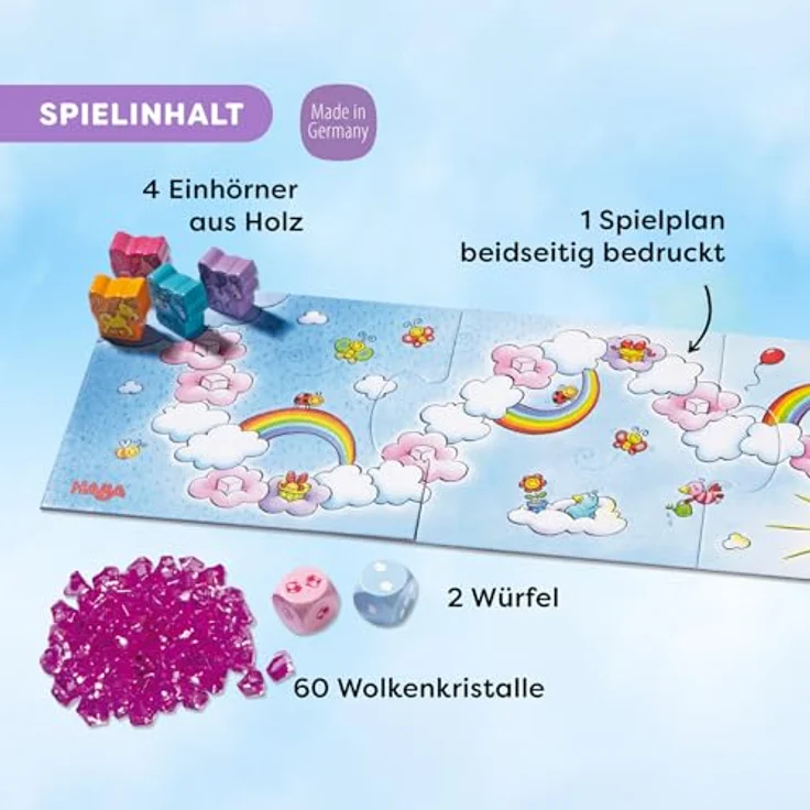 HABA Einhorn Glitzerglück Der Wolkenschatz, Sammelspiel für 2-4 Spieler ab 3 Jahren mit 60 glitzernden Wolkenkristallen und 4 Einhörnern – Bild 4