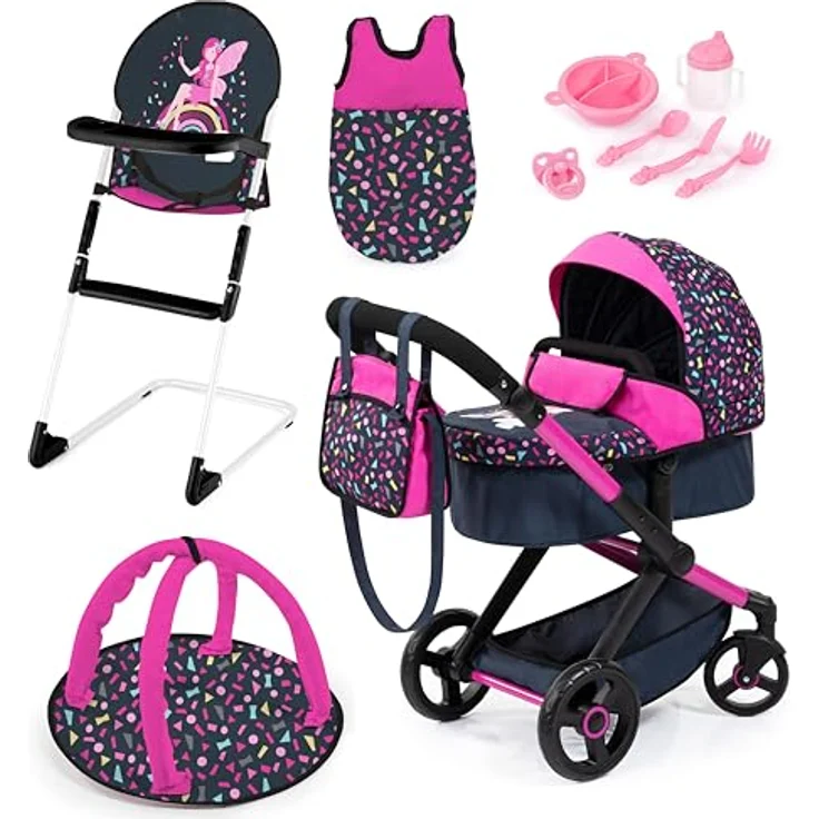 Bayer Design 17080AB Puppenwagen Xeo, Verstellbarer Griff, Schwenkschieber, Jogger, Schlafsack, Hochstuhl, Spielbogen, Rosa, Schwarz – Bild 1