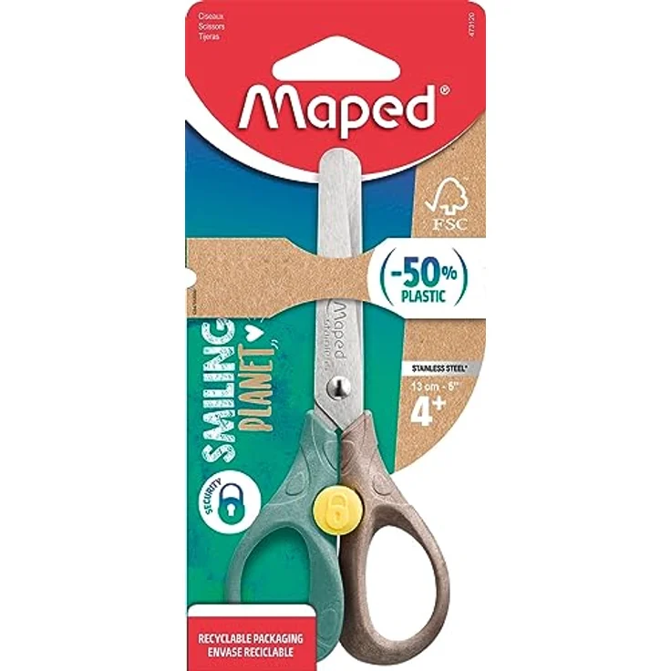 Maped - sichere und nachhaltige Schul- und Bastel-Schere SMILING PLANET SECURITY 3D 13 cm - ergonomische 3D Griffe aus FSC-zertifiziertem Holzfaserverbund-Kunststoff – Bild 2
