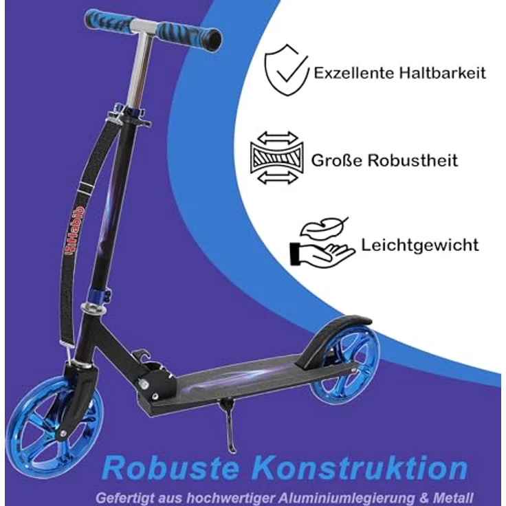 Europebazar Habib Cityroller mit glänzenden XXL-Rädern, klappbar & bis 100kg, höhenverstellbar, blau – Bild 2