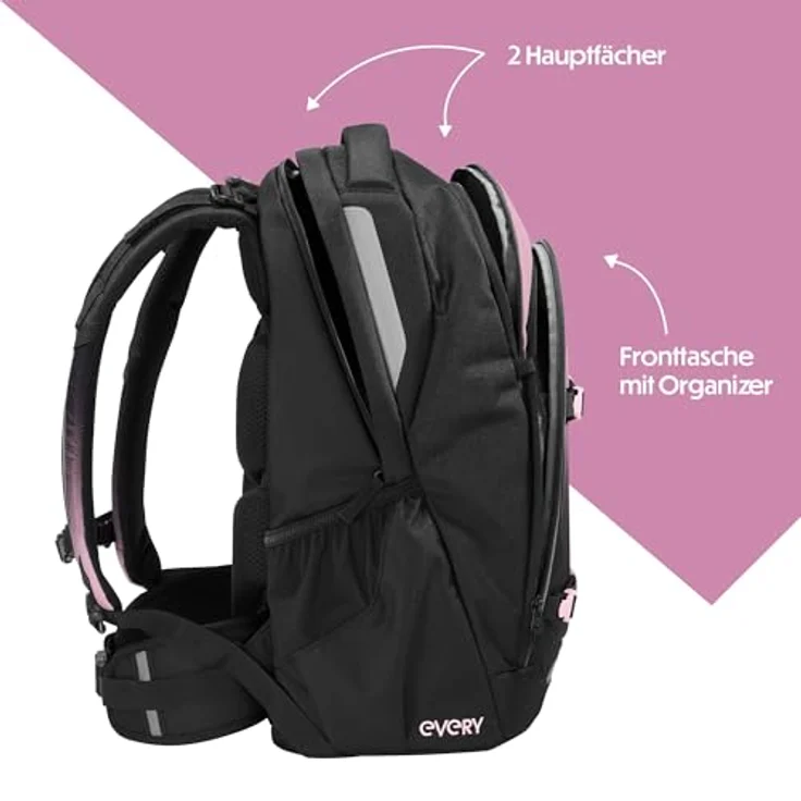 Coocazoo Schulrucksack EVERY „Rose Shadows“, ergonomischer Tornister höhenverstellbar, schwarz-rosa, mit Brustgurt & Hüftgurt, 30 Liter, ab der 3. Klasse – Bild 3