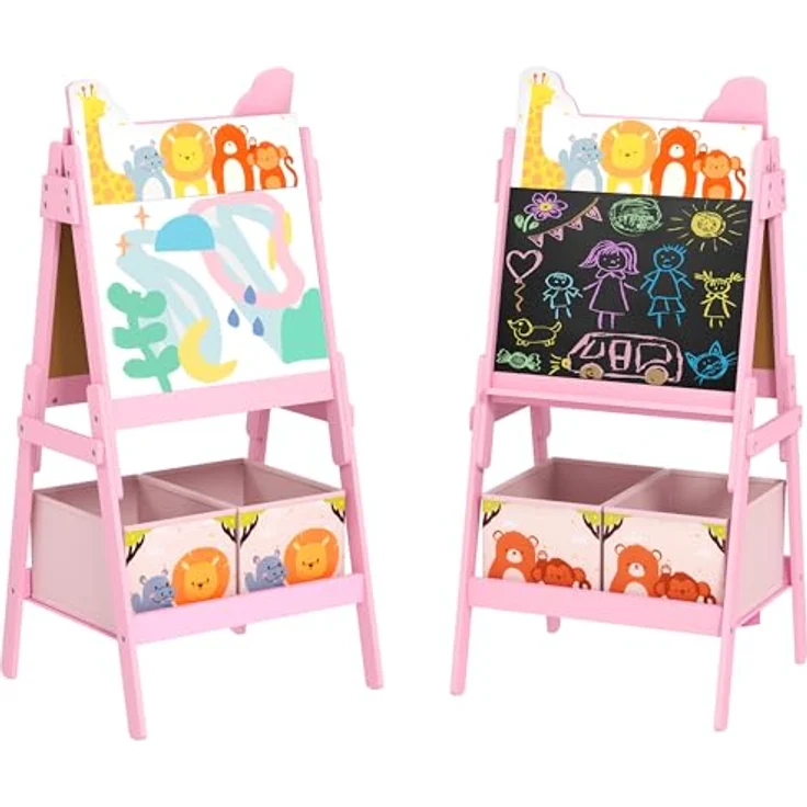 AIYAPLAY Kinder Staffelei 2-in-1, doppelseitige Tafel mit Kreidetafel und Whiteboard, inkl. 2 Aufbewahrungsboxen, rosa, für Kinder 3-8 Jahre – Bild 1