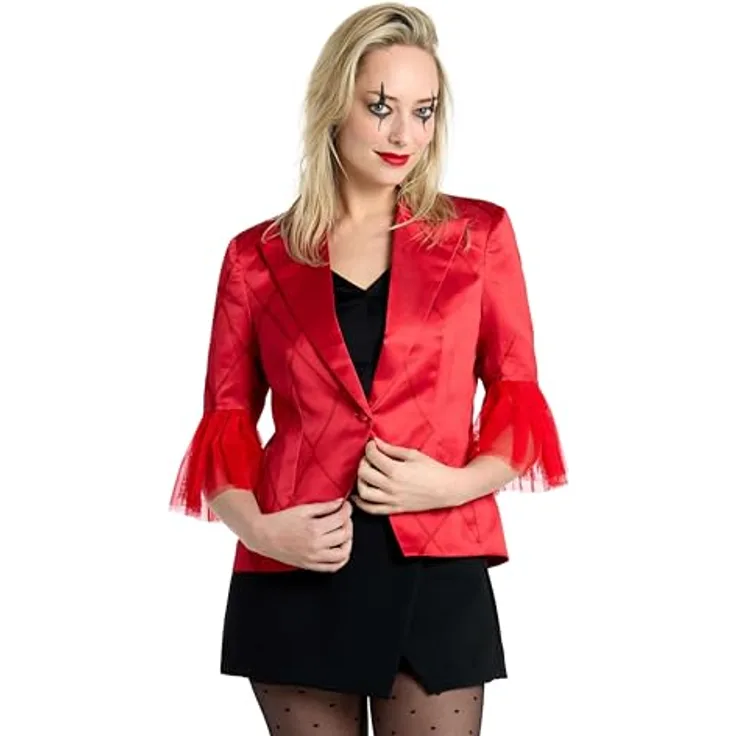 Konjac Sponge Harley Quinn Blazer (XL), originale rote Anzugjacke inspiriert von "Joker 2", halblange Ärmel mit Tüllabschlüssen, 100% Polyester