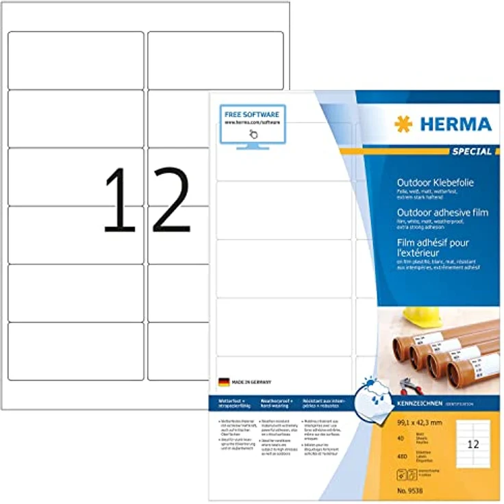 HERMA Folien-Kraftklebe-Etiketten 9538, weiß, selbstklebend, 480 Stück, 99,1 x 42,3 mm, temperaturbeständig, öl- und schmutzabweisend – Bild 1