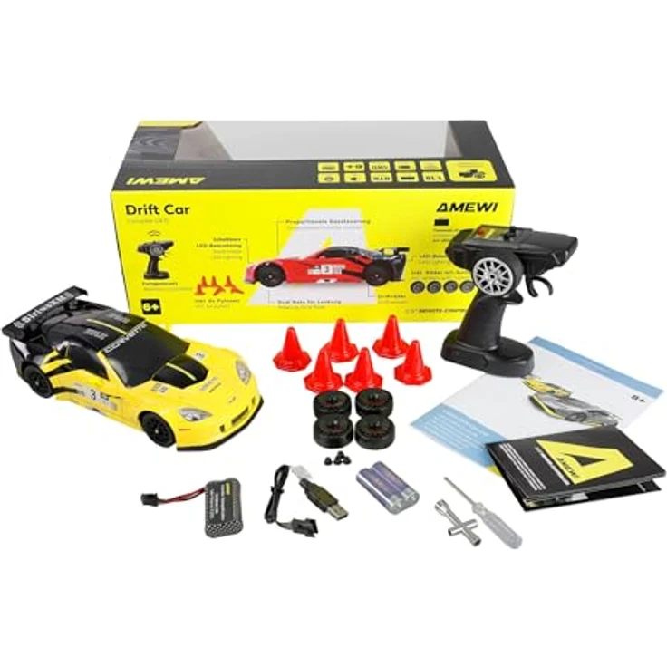 Amewi RC Drift Lizenz Corvette, ferngesteuertes Auto im Maßstab 1:18 mit bürstenlosem Elektromotor und Allradantrieb, gelb, RTR (Ready-to-Run) – Bild 2