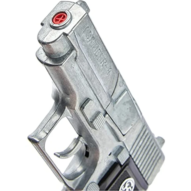 Bauer Spielwaren 1070481 DISCOUNT J.G.Schrödel Officer: Spielzeugpistole für Zündplättchen, Ideal für das Polizeikostüm, 8 Schuss, 15.5 cm, Schwarz/ Silber (107 0481) – Bild 3